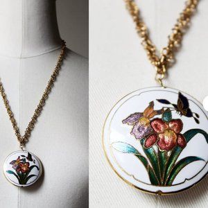 Vintage Goldtone Cloissone Circle White Butterfly Floral Enamel Pendant Necklace